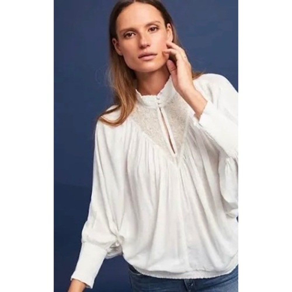 Feather Bone Anthropologie Embroidered Mesh Boho Blouse Dolman Sleeve‎ Small